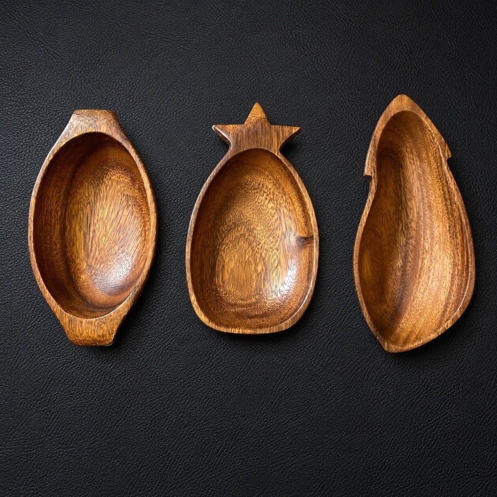 Vintage Monkey Pod Wood Bowls Set of 3 Pineapple Leaf Oval Boho Tropical Decor
